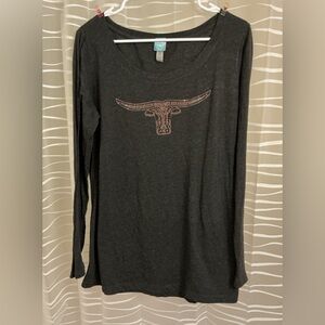 Cowgirl Hardware Long Sleeve Black Top with Rhinestone Bull Design XXL